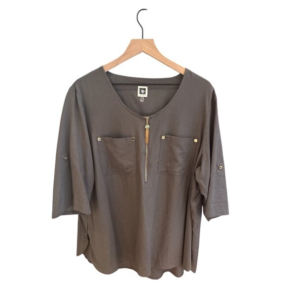 Anne Klein Womens 2X Brown Linen Blend Blouse W/ Half Sleeves & Front Zipper Det - Picture 1 of 11